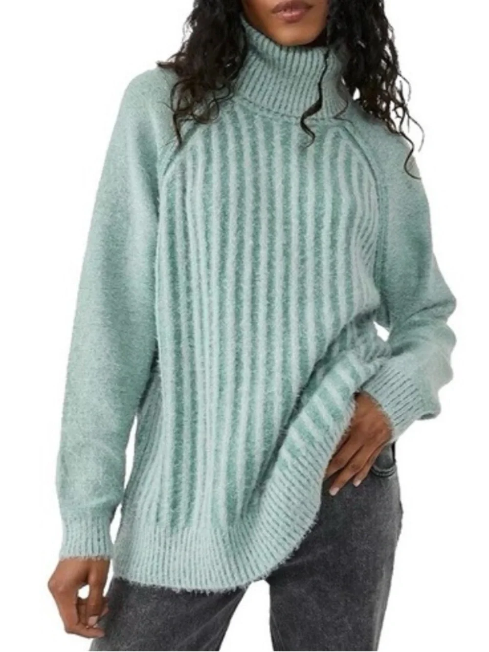 Free People Mint Green Ribbed Turtleneck Sweater